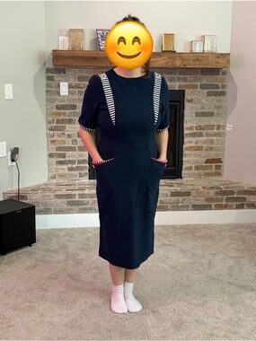 Tatyana Navy Midi Dress with Striped Trim